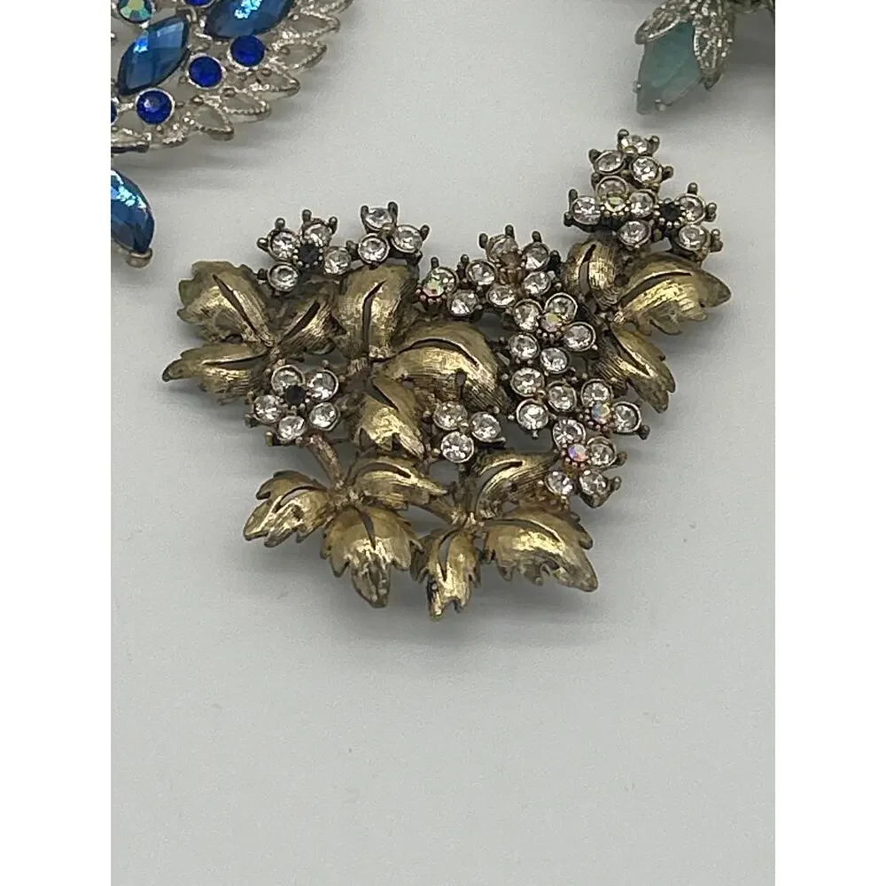 Lot of 8 Vintage Brooches Blue Floral Leaf Mixed Jewelry Retro Statement